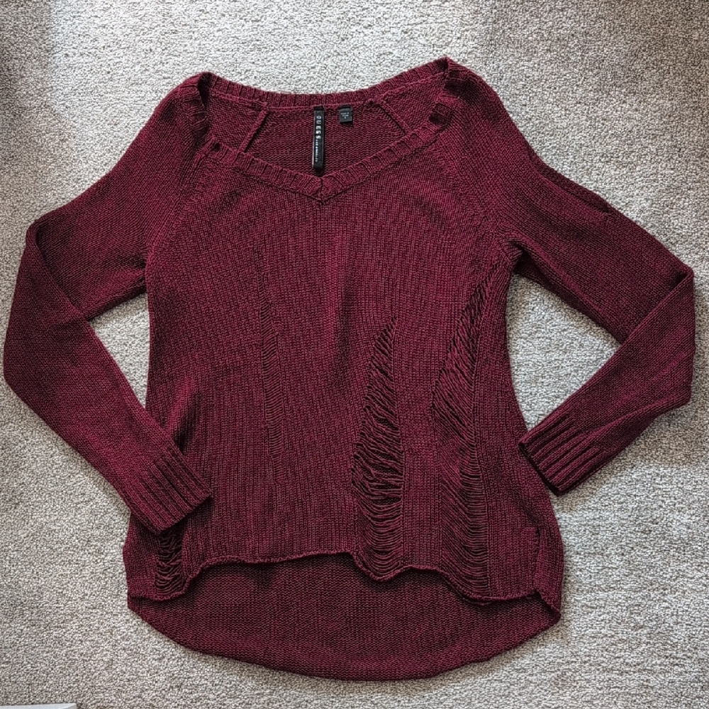 Guess Red V-Neck Sweater with High-Low Hem